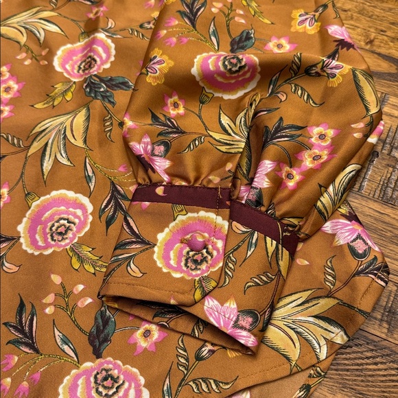 LOFT Floral Blouse Mustard Burgundy Long Sleeves Women's Small - Picture 9 of 14